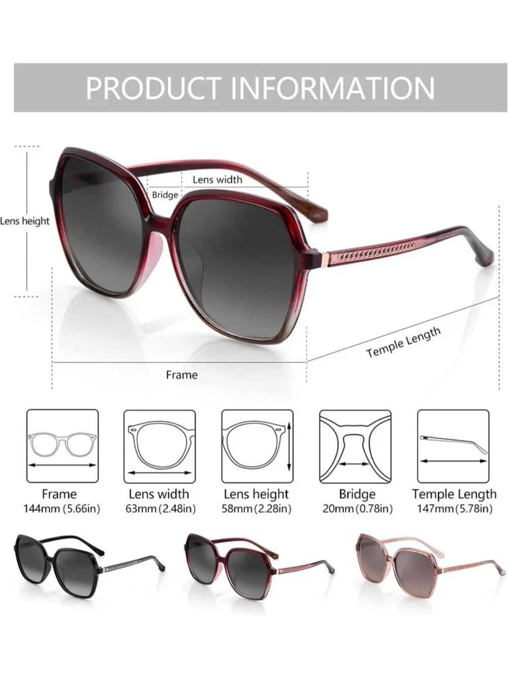Women's Polarized Oversized Square Sun Glasses Shades UV400 Protection Burgundy